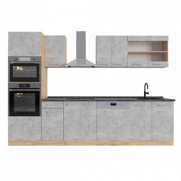 Vicco KUCHYŇSKÝ KOUT R-Line Beton/zlatý dub 300 cm s vysokou skříní, PD Antracit