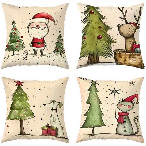 TEMU 4 ks vánočních povlaků na polštáře, vánoční stromek, Santa Claus, kočka, pes, potisk, povlaky na polštáře, Veselé Vánoce, moderní styl, měkké a