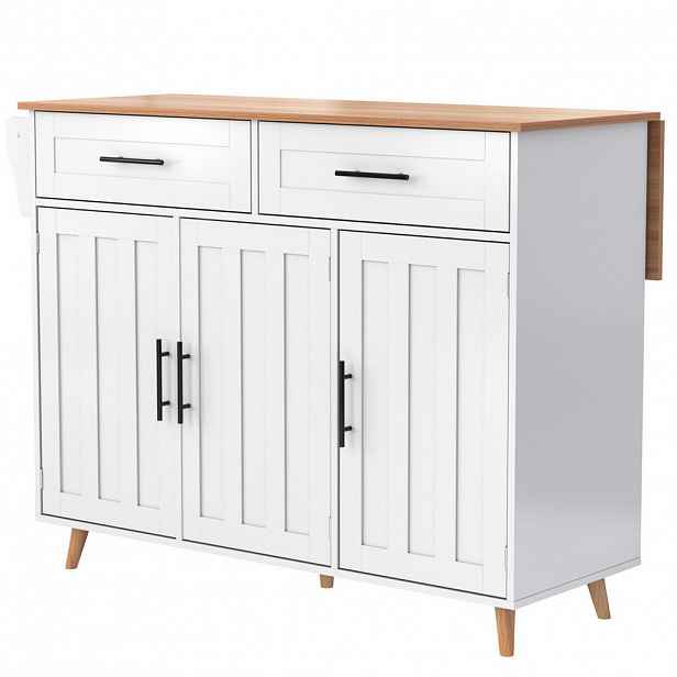 Modfu KUCHYŇSKÝ servírovací vozík z MDF 129x46(71)x91,5 cm bílý se sklápěcí deskou, zásuvkami a kolečky