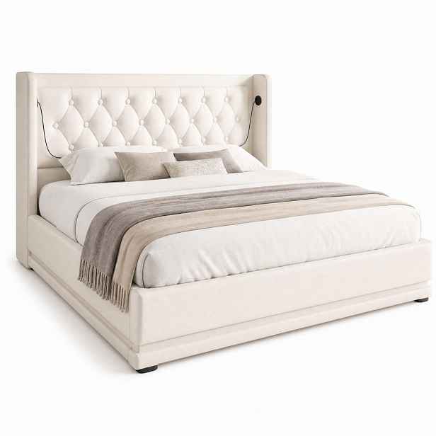 STILVORA ČALOUNĚNÁ POSTEL 140/200 cm bílá, úložný prostor, LED, USB, Type-C
