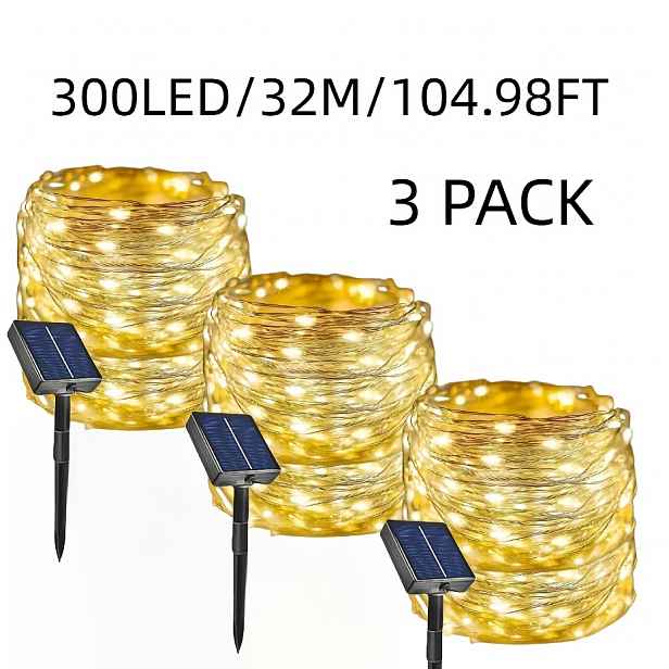 TEMU 3-balení solárních pohádkových světélk s 8 režimy svícení, dostupné /100/200/300 LED, napájené solární energií, vhodné pro dekoraci , zahrad,