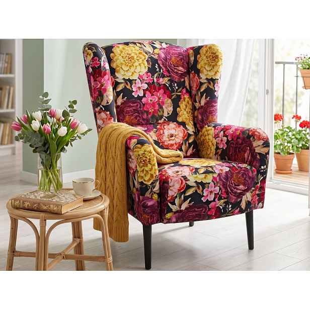 Křeslo ušák Canto, látka s motivem barevných květů