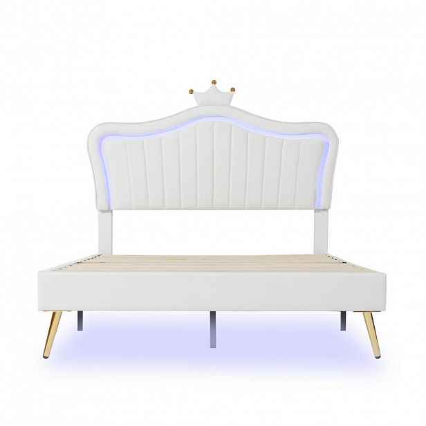 OKWISH DĚTSKÁ čalouněná postel 140/200 cm bílá z MDF a ekokůže s LED osvětlením