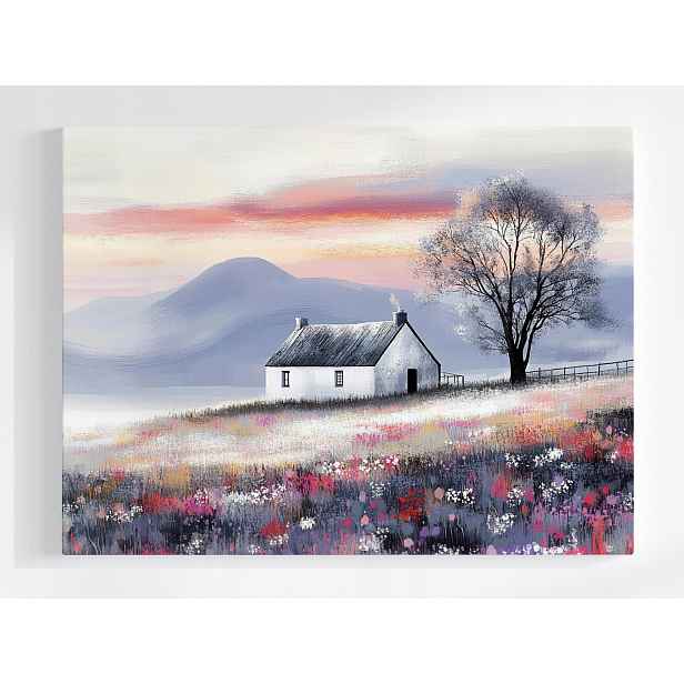 Plakát Venkovská Krajina Hory Louka Květiny Dřevo Dům 100x75