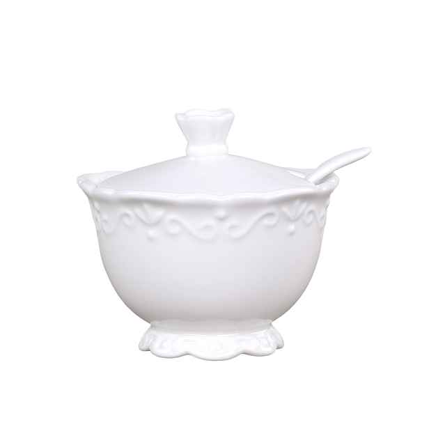 Porcelánová cukřenka se lžičkou a krajkou Provence lace - Ø10*9cm Chic Antique