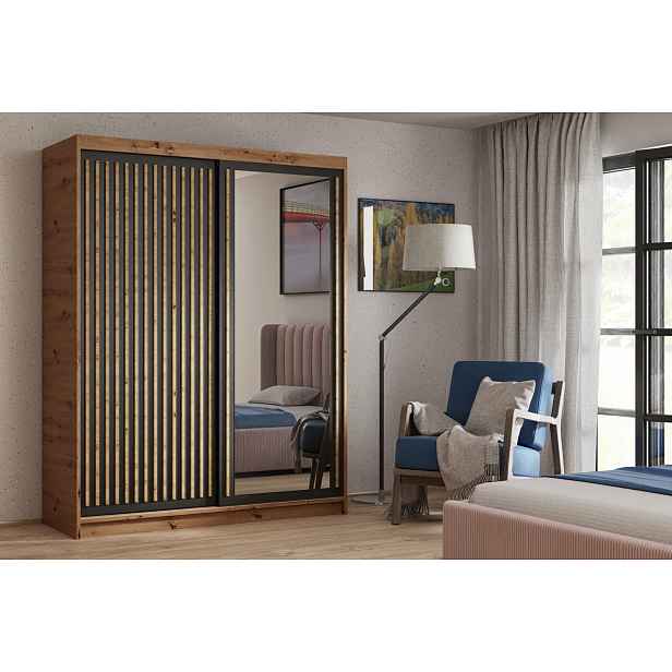 Šatní skříň s lamelami a zrcadlem 100 cm WARDERO - dub artisan / černá / dub artisan