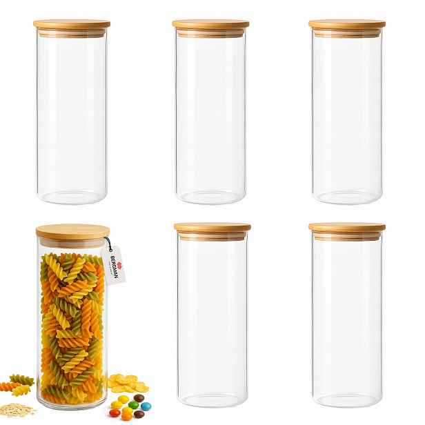6 x Zavařovací Sklenice 800 ml skleněná nádoba na sypké produkty, dřevěné víko, 18 cm