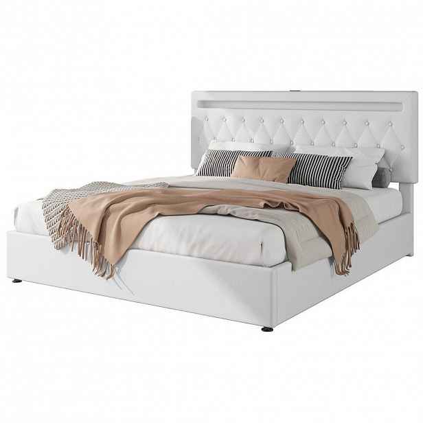 OKWISH ČALOUNĚNÁ postel 180/200 cm bílá z lnu a MDF s úložným prostorem a LED osvětlením