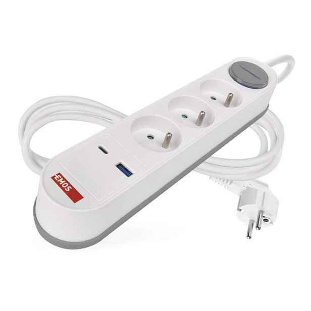 EMOS Prodlužovací kabel s vypínačem, 3 zásuvkami a USB 1,5 mm² WALKER 2 m bílý