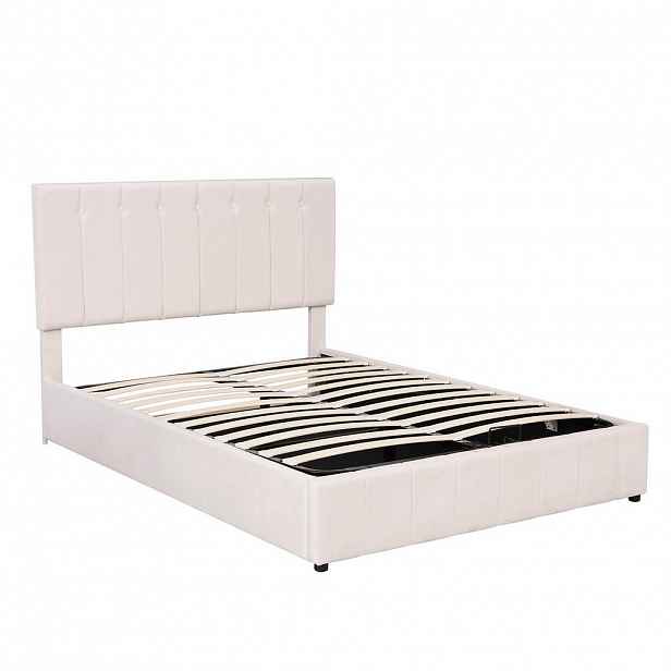 OKWISH ČALOUNĚNÁ postel 140/200 cm krémově bílá z sametu s úložným prostorem a hydraulickým zdvihem