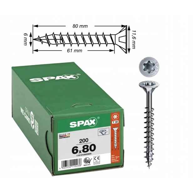 Univerzální vrut do dřeva spax 6 x 80 Wirox Tx 200 ks