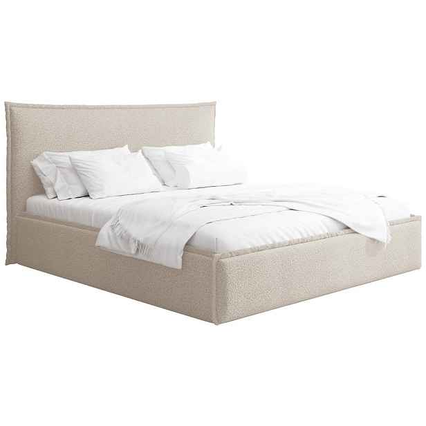 WFL GROUP ČALOUNĚNÁ POSTEL Pillow s úložným prostorem, kovovým lamelovým roštem a vysokým čelem postele - béžové buklé 200x200 cm