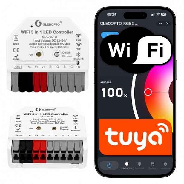Ovladač WiFi Led pásku Tuya 5v1 Rgb Cct Rgbw Rgbcct 12–24V 10A