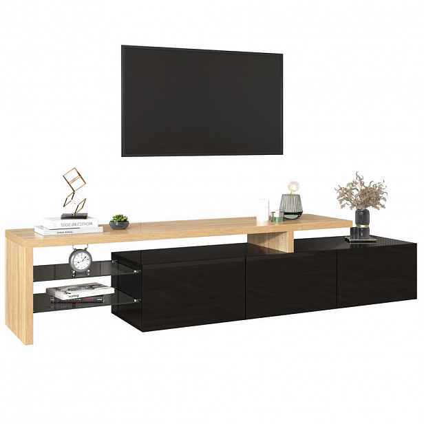 OKWISH TV stolek 197,5/39/42 cm černá a přírodní z MDF a skla s LED osvětlením