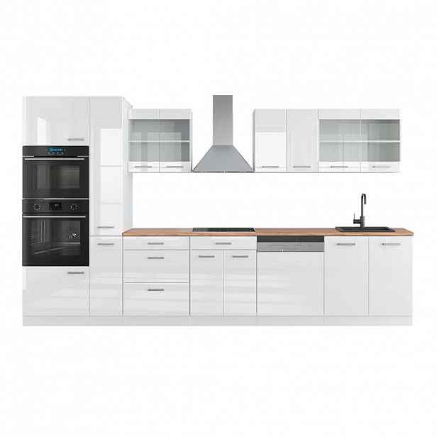 Vicco KUCHYŇSKÝ KOUT R-Line Bílá vysoký lesk/bílá 350 cm s vysokou skříní, PD Dub
