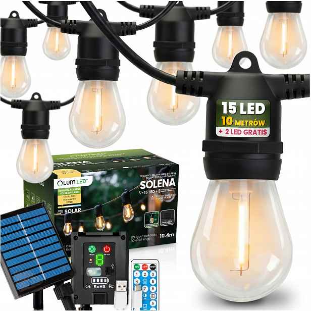 Solární zahradní světelná girlanda 15 Led Šňůra na balkon Terasa 10 m Ovladač