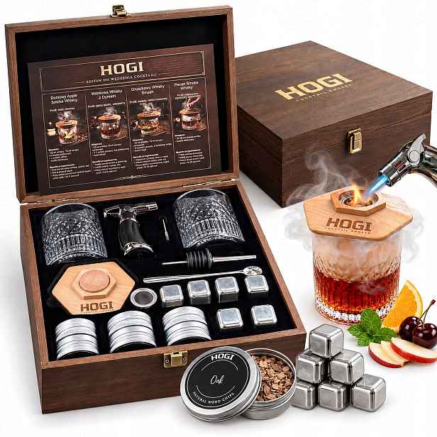 Sada na uzení whisky XXL Hořák Dřevěná krabička 2 Sklenice 6 Příchutí