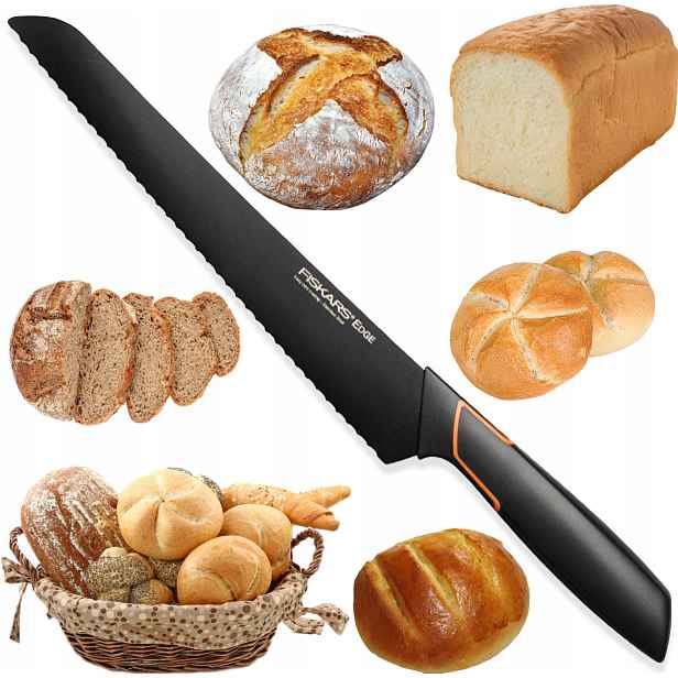 Nůž Na Chléb Fiskars Edge Černý Ostrý Kuchyňský Pevný Silný Premium 24 CM