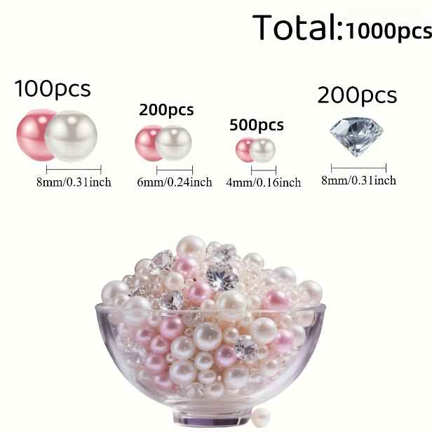 TEMU 1000 ks simulovaných růžových a bílých umělých perel a simulovaných diamantů v náhodném mixu, vhodné jako výplň do váz, domácí dekorace, aranžmá
