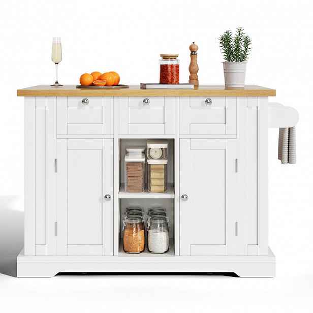 OKWISH KUCHYŇSKÝ ostrůvek 132/40(70)/87 cm bílá a přírodní z MDF s výsuvnou deskou a zásuvkou