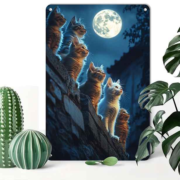 TEMU Kouzelné kočky a měsíc - Kovová cedule 30,48x20,32 cm Vintage nástěnná dekorace s 5 kocoury, úplňkem & hvězdnou noční oblohou – Odolná opakovaně