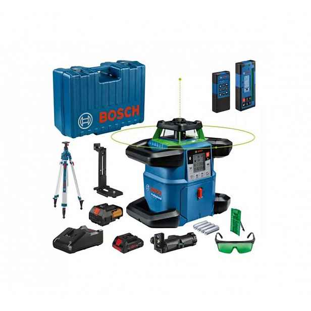 Bosch - 18V AKU rotační laser, dosah 650 m, s přijímačem, stativem a příslušenstvím, 1x aku 4,0 Ah, nabíječka 06159940PS