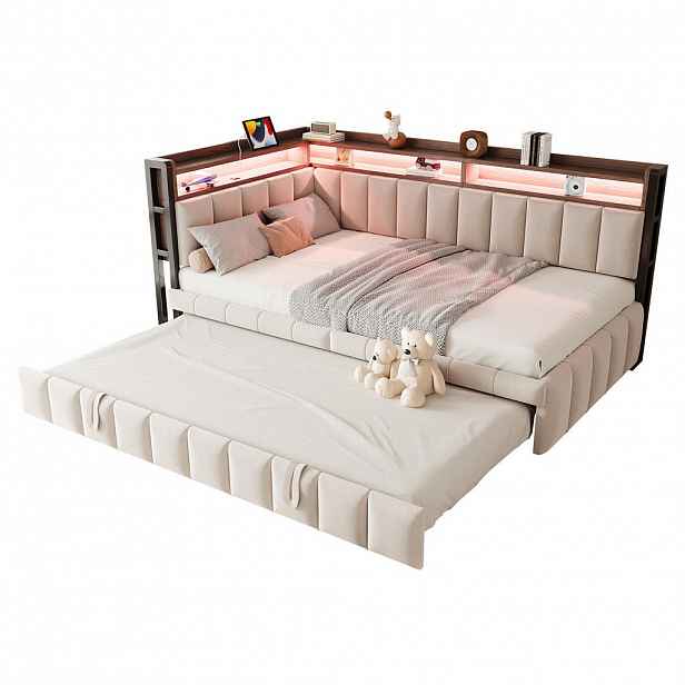 OKWISH ROZKLÁDACÍ pohovka 90/200 cm béžová z sametu s LED osvětlením a USB/Typ-C