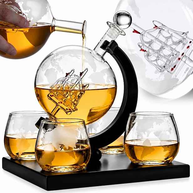 Velký Set Na Whisky Jako Dárek Karafa Globus Loď 4 Sklenice Dárek