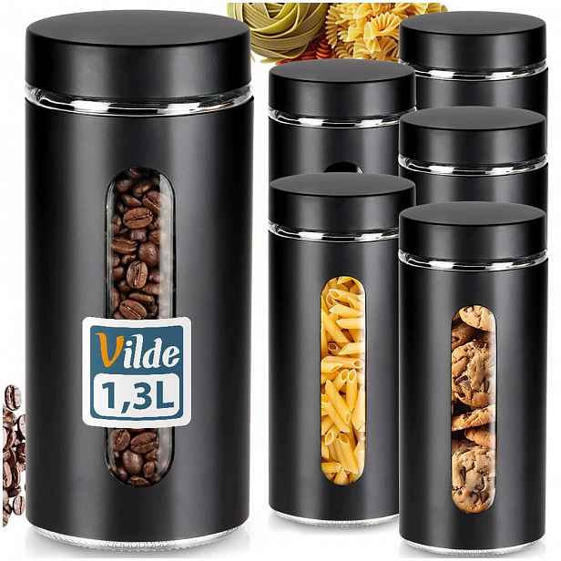 6x Skleněná kuchyňská nádoba na potraviny Černá, sypké produkty, vzduchotěsná 1,3