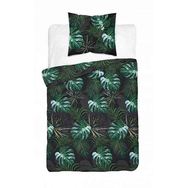 Povlečení saténové 140x200 černé zelené listy s jedním povlakem Home Satin
