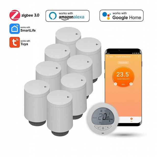Sada s osmi radiátorovými hlavicemi a termostatem Zigbee Tuya