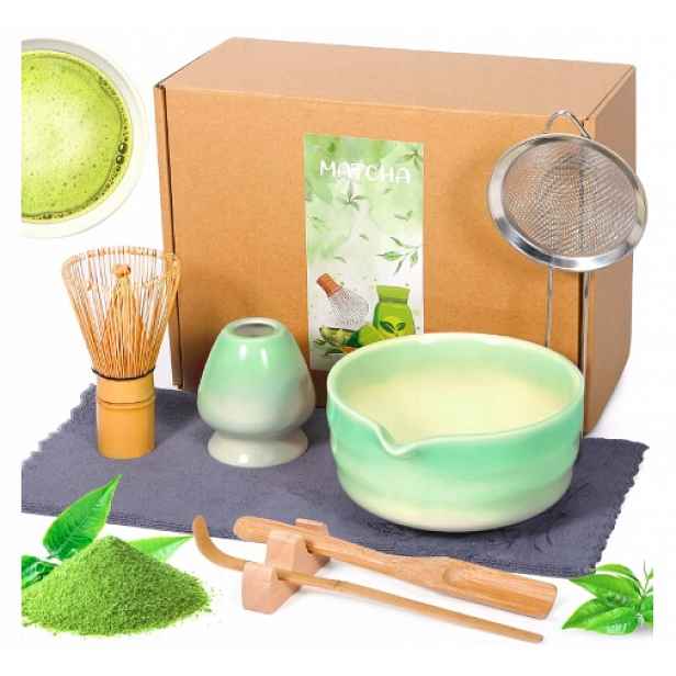 Matcha Sada Pro 8-DÍLNOU Misku S Výlevkou Štětec Příslušenství Zelená
