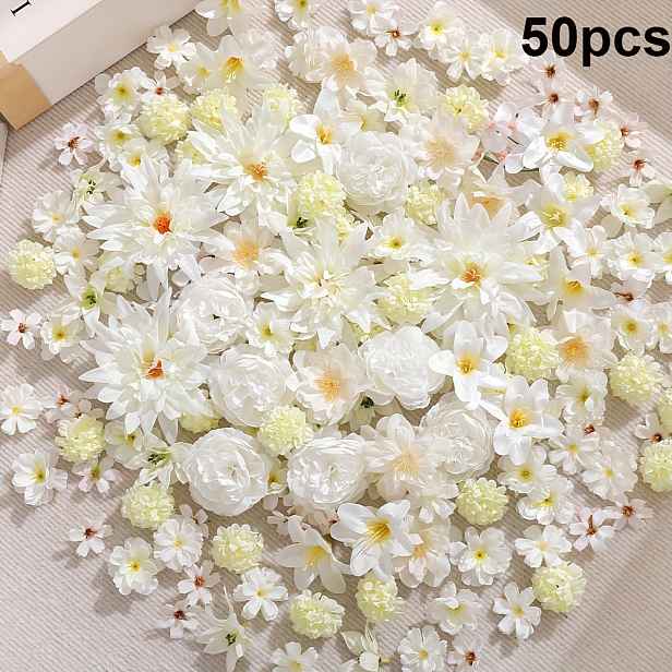 TEMU 50 ks Umělé hlavičky růží a sedmikrásek z hedvábí - Realistické umělé sedmikrásky s vrstvenými okvětními lístky, DIY svatební, baby shower,