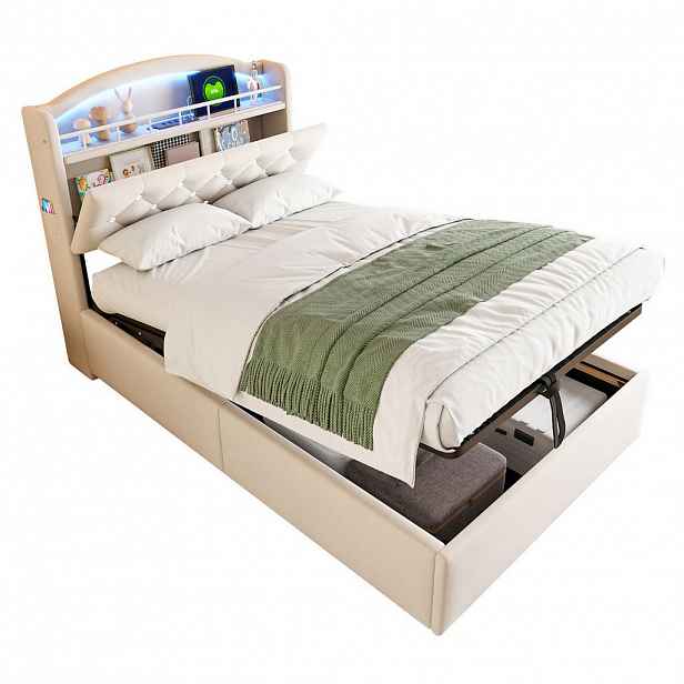 OKWISH DĚTSKÁ čalouněná postel 90/200 cm béžová z flanelu s úložným prostorem LED a USB