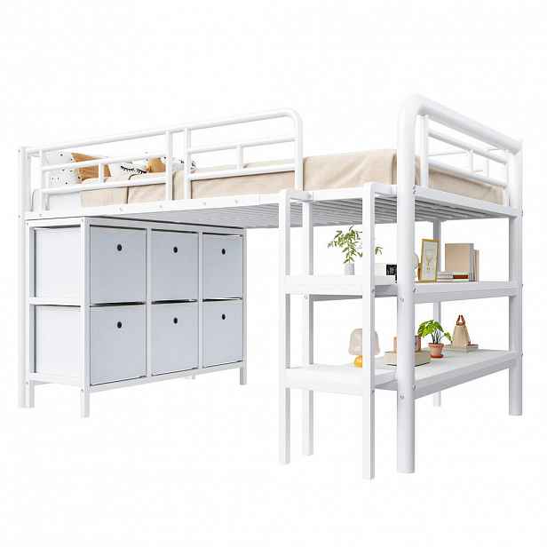 OKWISH PATROVÁ postel 90/200 cm bílá s úložným prostorem a širokými kovovými schody