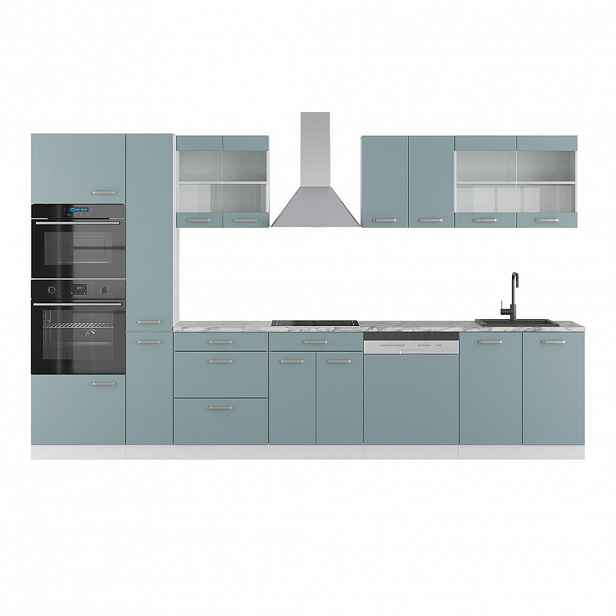 Vicco KUCHYŇSKÝ KOUT R-Line Modrošedá/bílá 350 cm s vysokou skříní, s pracovní deskou