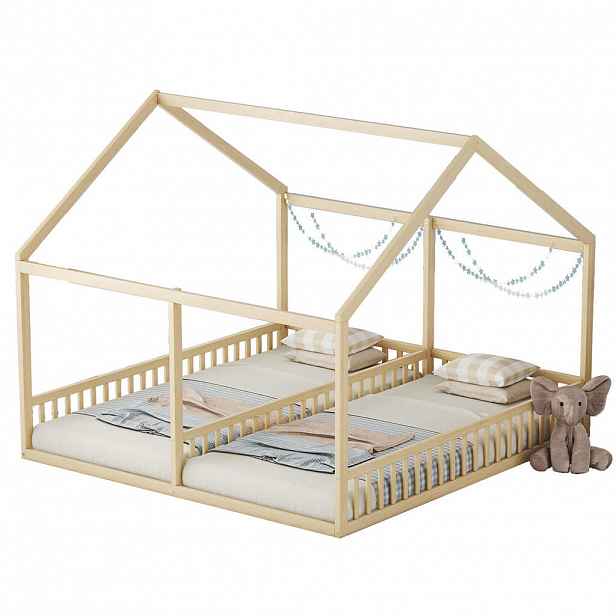 OKWISH DĚTSKÁ postel 90/200 cm přírodní z borovice a MDF s domečkem a zábradlím