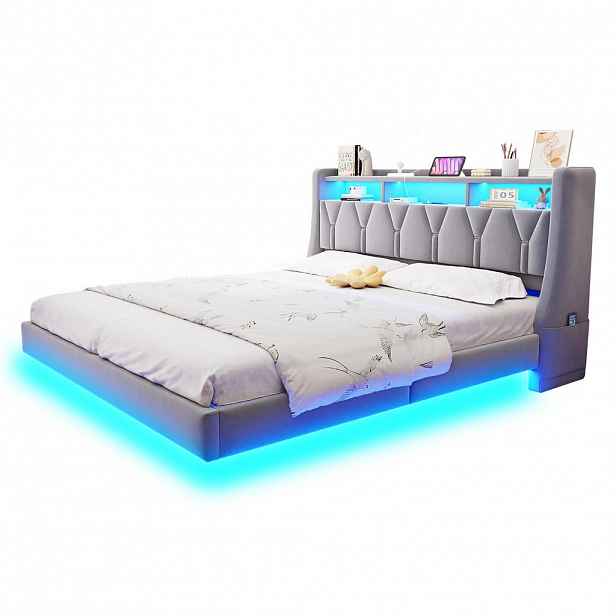 WISHDOR ČALOUNĚNÁ POSTEL 180 × 200 cm ve světle šedém sametu s LED osvětlením, USB, USB-C a odkládací policí