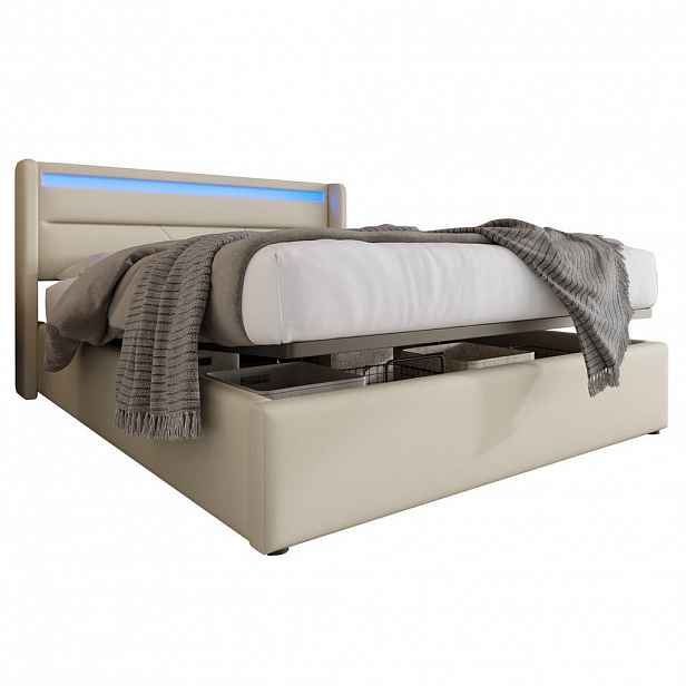 OKWISH ČALOUNĚNÁ postel 140/200 cm bílá z PU s LED osvětlením a úložným prostorem