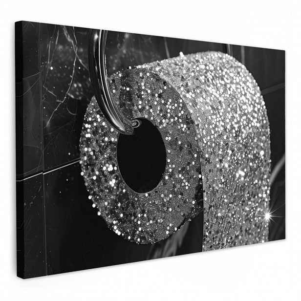 MuchoWow OBRAZ NA PLÁTNĚ WC - Toaletní papír - Černá a bílá - Třpytky 90x60 cm