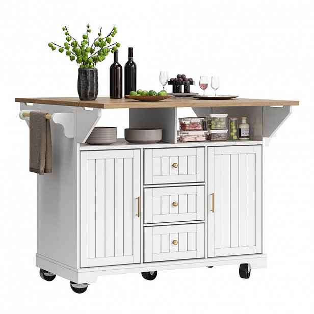 Modfu KUCHYŇSKÝ ostrůvek z MDF a kovu 120x40x95 cm bílý s oboustranně sklápěcí deskou, kolečky a úložným prostorem