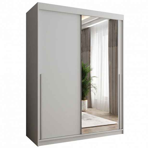 Home Collective SKŘÍŇ S POSUVNÝMI DVEŘMI se zrcadlem, šířka 150 cm, bílá se stříbrným úchytem