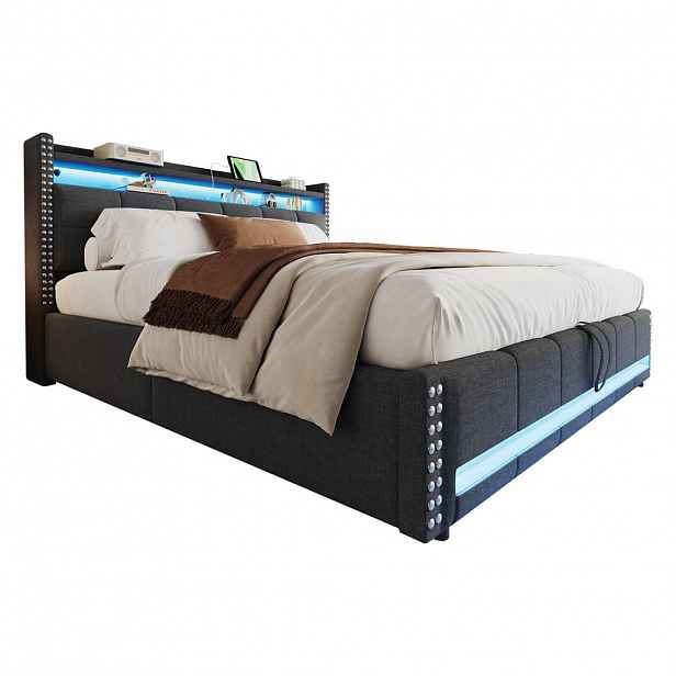 WISHDOR ČALOUNĚNÁ POSTEL 180 × 200 cm v šedém lnu s úložným prostorem, LED osvětlením a USB