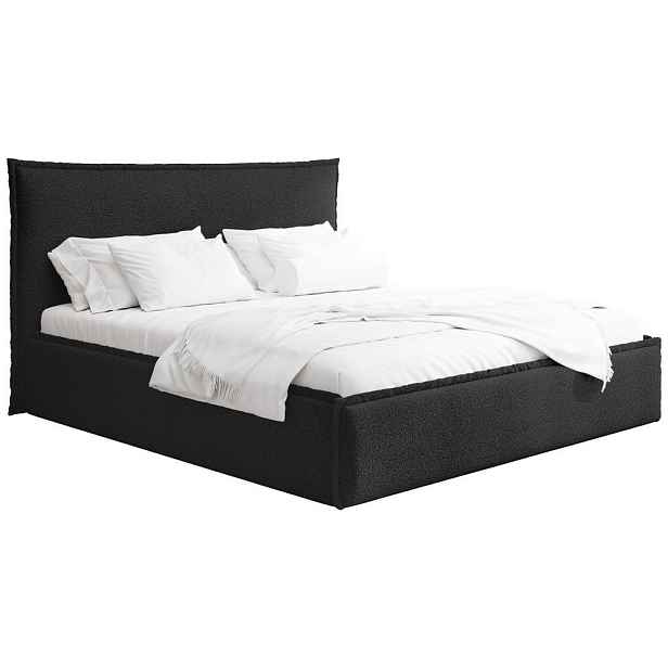WFL GROUP ČALOUNĚNÁ POSTEL Pillow, úložný prostor, kovový lamelový rošt a vysoké čelo postele - Černé buklé 200x200 cm
