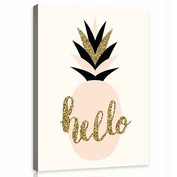 Obraz 75x100 Ananas hello zlatý růžový černý stylizovaný veselý