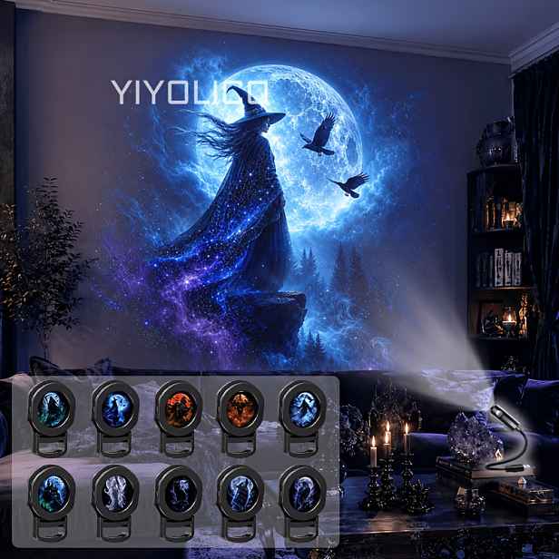 TEMU Halloweenská čarodějnická atmosféra USB noční světlo, přenosná nastavitelná otočná LED projekční lampa, více vzorů: čarodějnice, Mrtvý, strašák,