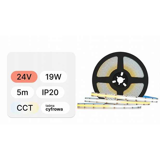 Led pásek 24V 19W Cob Digitální digitální 576 Led Cct 10 mm IP20