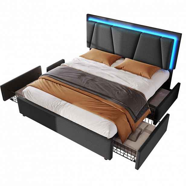 OKWISH ČALOUNĚNÁ postel 140/200 cm šedá z dřeva s LED osvětlením a 4 zásuvkami