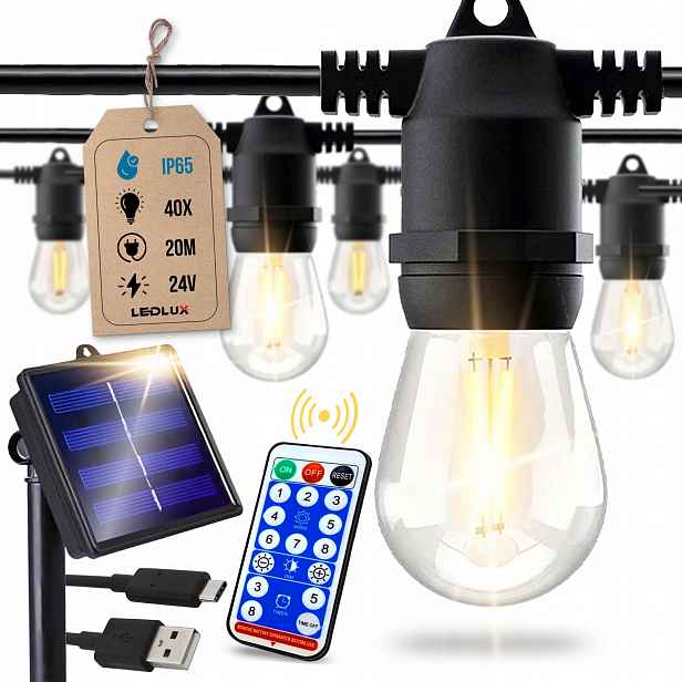 Solární zahradní girlanda Venkovní světla 20 m 40 x Led žárovka E27 Ovladač