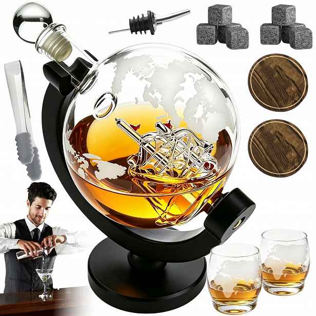 Karafa Na Whisky Alkohol Globus Sada Sklenice Vkusný Dárek 900 ML